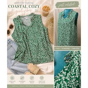 Liz Claiborne Green White Floral Sleeveless Blouse Top Size Large
